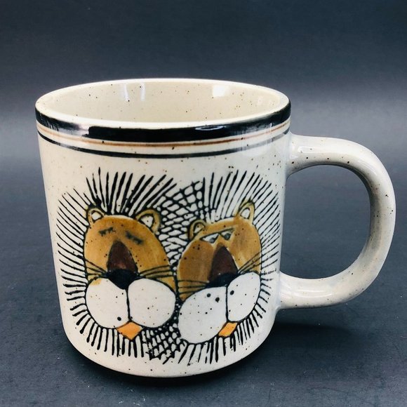 Other - Stoneware Coffee Mug Lion Retro Hand Painted Safari Cup 70s Kitchen Feline Decor